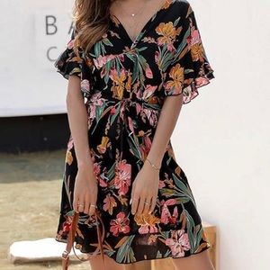 Black & Pink Floral V-Neck Fit & Flare Dress